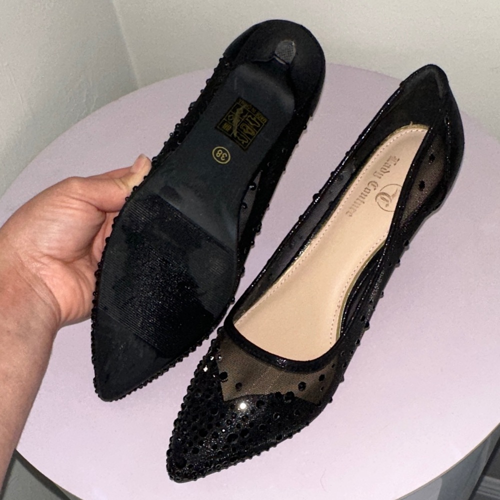Juicy Couture Black Mesh Pointed Kitten Heel Pumps with Beaded Accents - Picture 6 of 6